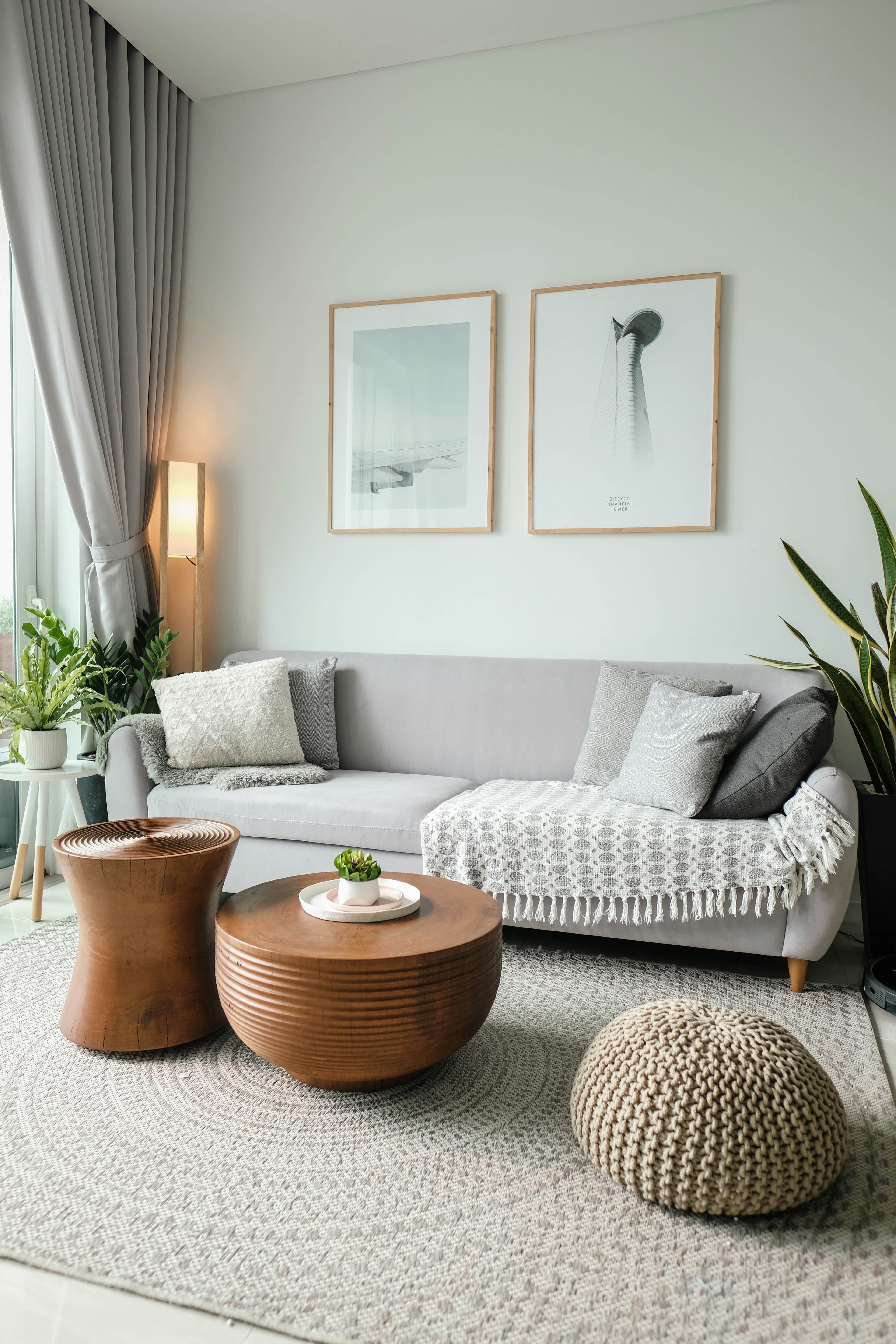 Calm, tidy living room with a neutral sofa and cushions