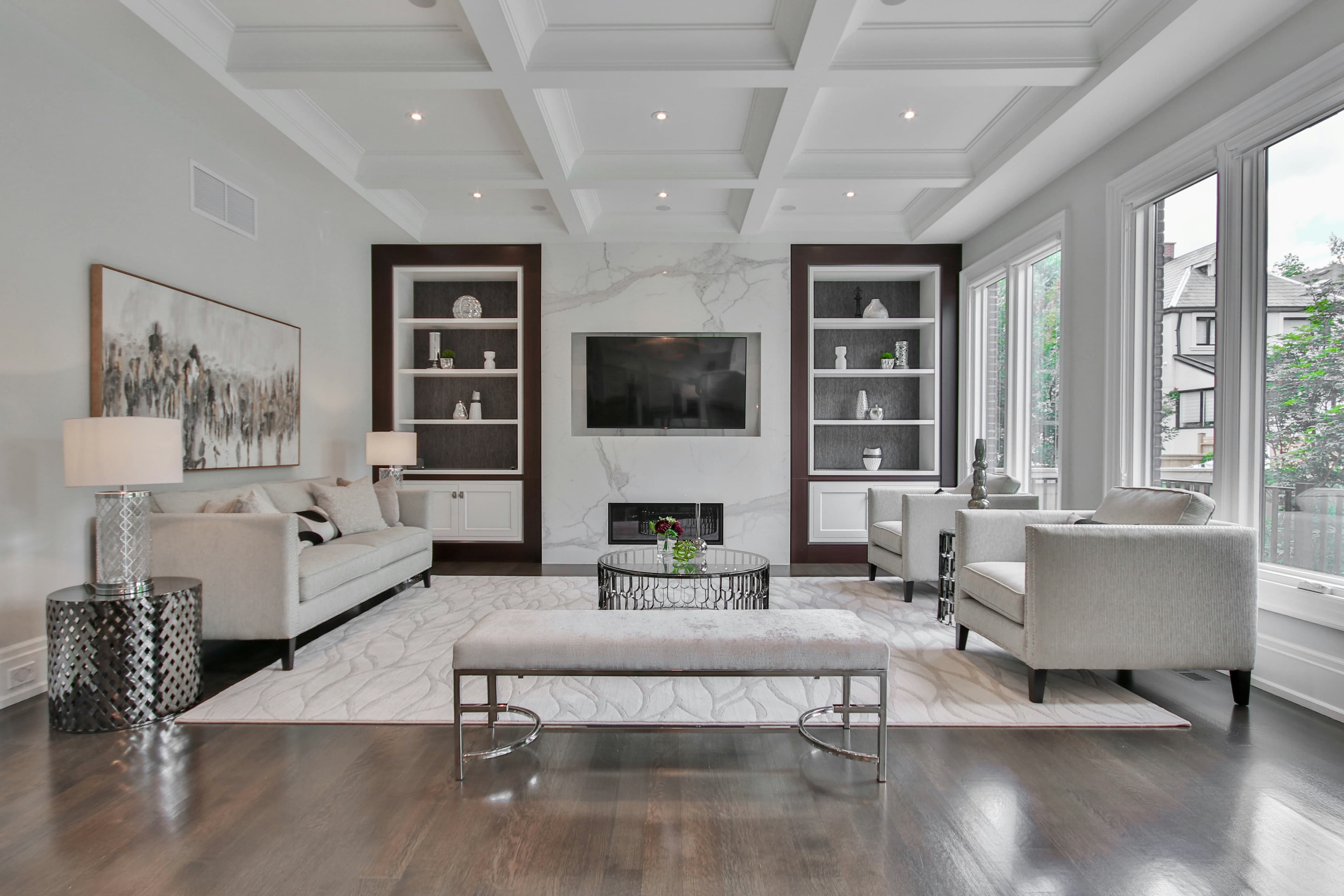 Elegant, well-presented living room with a coffered ceiling